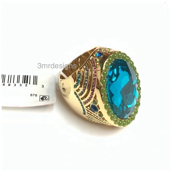 NWT KURT GEIGER LONDON Oval-Cut Gold Tone Turquoise CZ Crystal X-Large Ring - Picture 8 of 12
